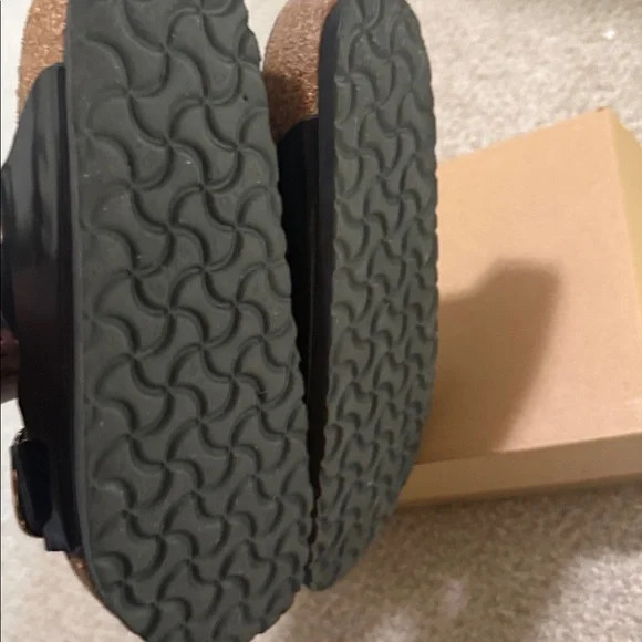 Black Big Buckle Shiny Birkenstock Sandals with Gold Buckles - Picture 5 of 5